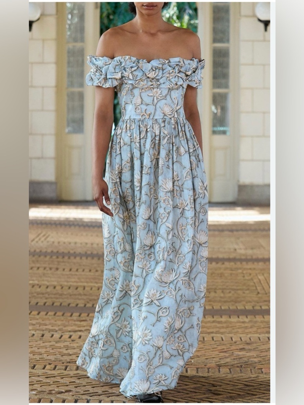 RARE Agua By Agua Bendita Espliego Soledad Ruffled Floral Linen Maxi Dress Sz L